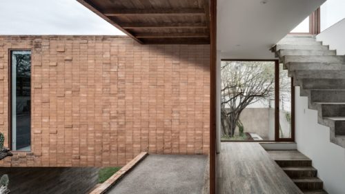 Casa in mattoni di argilla e cemento che circonda un albero di cactus_Messico_AS/D Asociación de Diseño